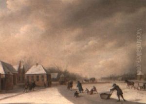 Winter Landscape With Skaters by Johannes I Janson