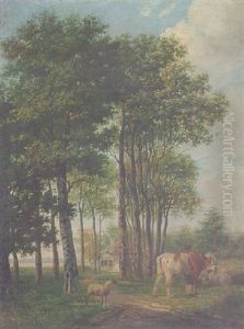 A Farmhand With Livestock By A Copse