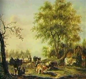 Milking Cows By A Cottage by Pieter Janson