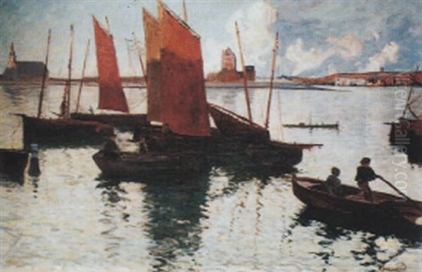 Camaret - Sardiniers Aux Voiles Rouges Au Mouillage - view 1