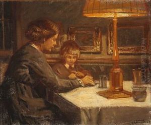 Interior With Mother And Daughter At The Table by Luplau Janssen