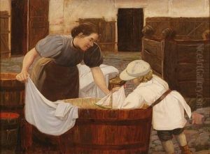 Junge Mutter Am Waschzuber Wasche Waschend, Daneben Ihr Kleiner Sohn Mit Dem Segelschiffchen Spielend by Luplau Janssen