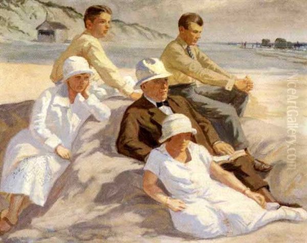 Selskab Af Unge Damer Og Herrer Pa Stranden - view 1