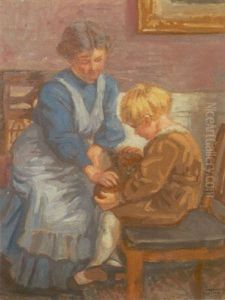 Interior Med Kvinde Og Dreng Med Hundehvalp by Luplau Janssen