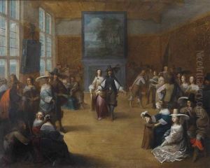 An Elegant Party In A Palace Interior With Figures Conversing And Dancing by Abraham Janssens