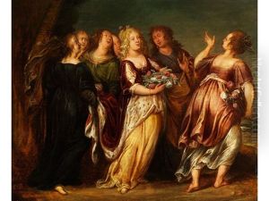 Junge Herrscherin Im Gefolge Von Sechs Madchen, Eine Schale Mit Blumen Tragend by Abraham Janssens
