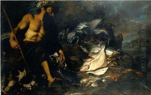 Allegorie De L'eau: Un Triton Avec Poissons, Crustaces Et Coquillages Marins by Abraham Janssens