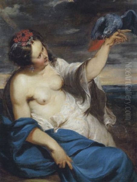 Junge Frau Mit Perlenschmuck Und Einem Papagei - view 1
