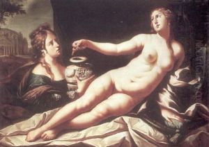 A Reclining Female Figure Taking Poison With An Attendant