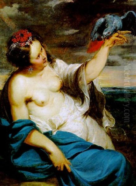 Junge Frau Mit Perlenschmuck Und Einem Papagei (laszivia) - view 1