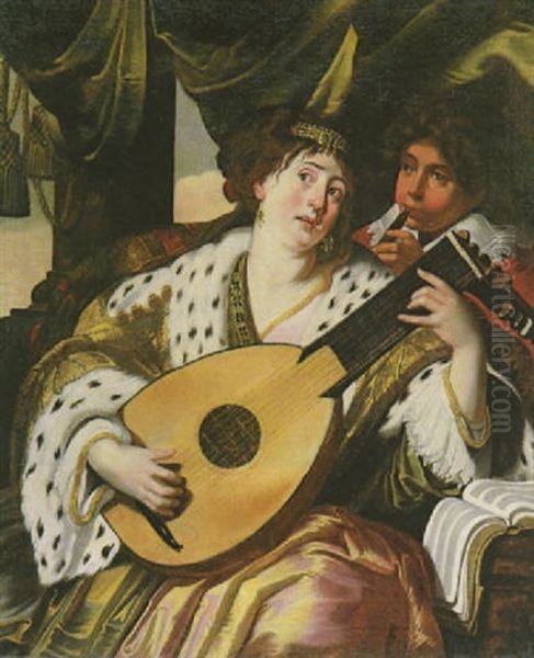 Allegorie Des Gehors: Eine Lautenspielerin Und Ein Flotenspieler, Vor Ihnen Rechts Ein Notenbuch - view 1