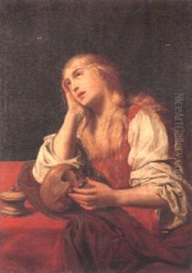 The Penitent Mary Magdalen Seated At A Table Holding A Skull The Penitent Mary Magdalen Seated At A Table Holding A Skull