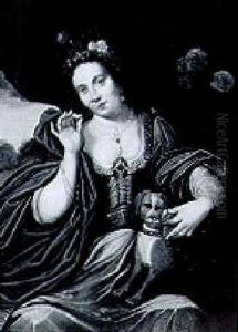The Sense Of Smell: A Lady Seated, Three Qurater Length, Smelling A Rose With Her Dog On Her Lap, Before A Vase Of Flowers And A Disant Landscape