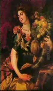 An Allegory Of Autumn: A Woman Holding A Cornucopia And     A Sickle, Figures Harvesting In A Field Beyond