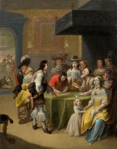 Moneychanger With An Elegant Group by Hieronymous (Den Danser) Janssens