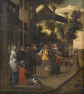 An Elegant Party On The Terrace With A Palace In The Background (pair) by Hieronymous (Den Danser) Janssens