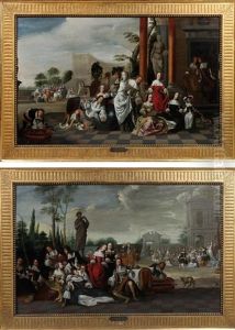 Assemblee Galante A L'exterieur D'un Palais (pair) by Hieronymous (Den Danser) Janssens