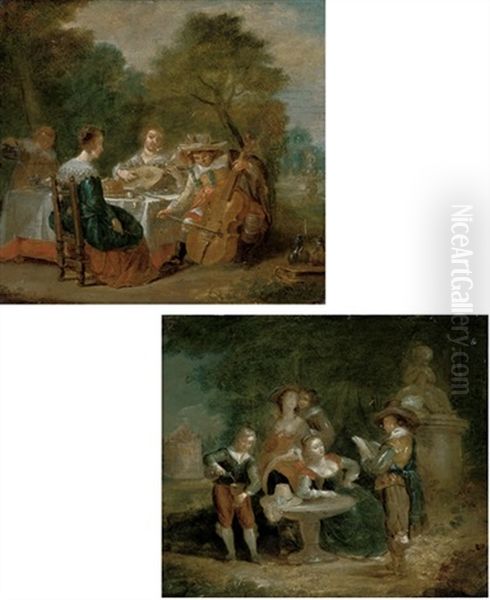 Elegant Company Making Music At A Table (+ Elegant Company Listening To A Recital; Pair) by Hieronymous (Den Danser) Janssens