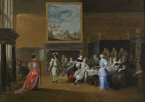 Scene De Danse Lors D'une Fete Dans Un Interieur De Palais by Hieronymous (Den Danser) Janssens
