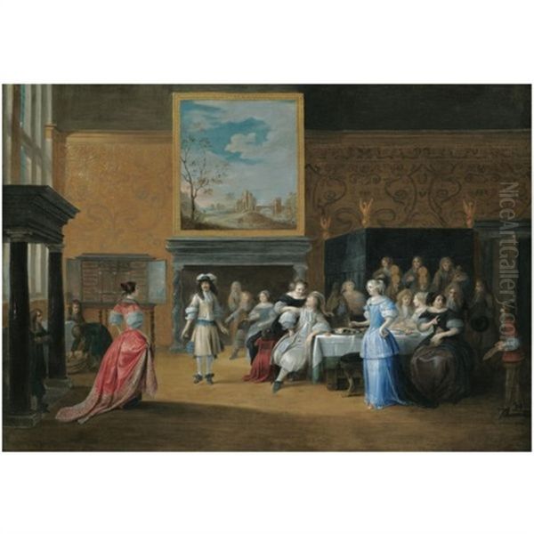 A Palatial Interior With Elegant Figures Dancing And Banqueting by Hieronymous (Den Danser) Janssens