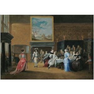 A Palatial Interior With Elegant Figures Dancing And Banqueting