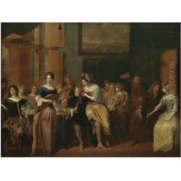 An Interior Scene With Elegant Figures Drinking And Listening To Music - view 1