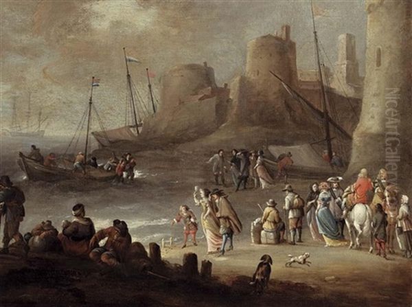 A Mediterranean Coastal Landscape With Elegant Figures On A Beach With Fishermen Unloading Their Catch, A Fortified Town Beyond - view 1