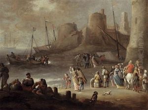 A Mediterranean Coastal Landscape With Elegant Figures On A Beach With Fishermen Unloading Their Catch, A Fortified Town Beyond by Hieronymous (Den Danser) Janssens