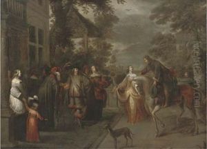 Elegant Company On A Terrace, A Palace Beyond by Hieronymous (Den Danser) Janssens