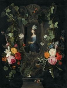A Garland Of Mixed Flowers Adorning A Stone Cartouche Surrounding An Allegory Of Vanity by Hieronymous (Den Danser) Janssens