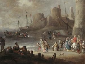 A Mediterranean Coastal Landscape With Elegant Figures On A Beach by Hieronymous (Den Danser) Janssens