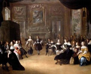 An Elegant Couple Dancing To The Music Of A String Quartet Amid Numerous Other Figures In A Grand Salon by Hieronymous (Den Danser) Janssens
