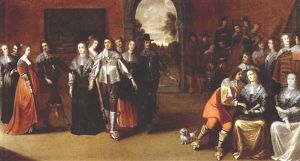 An Interior With Elegant Ladies And Gentlemen Dancing And An Orchestra Playing Music In The Background, A View Of A Garden Through A Door Beyond