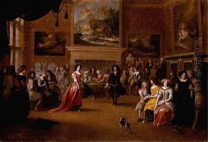 An Interior With An Elegant Company Dancing And Playing Cards by Hieronymous (Den Danser) Janssens