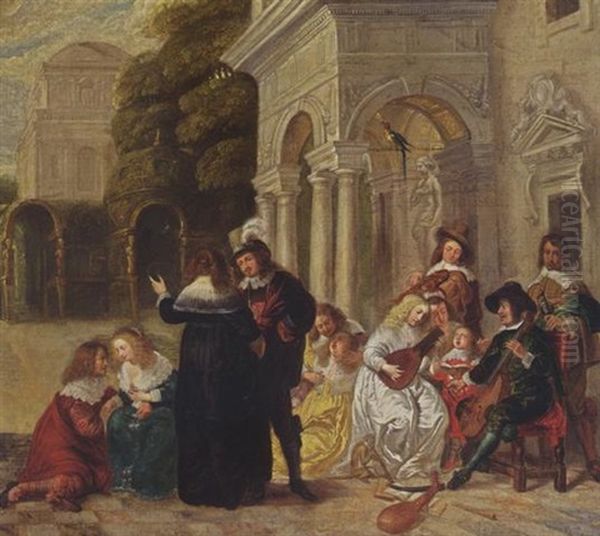 A Courtyard With An Elegant Company Making Music And Conversing - view 1