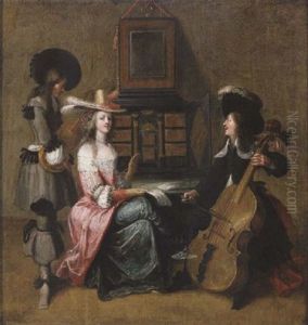 An Elegant Lady With Two Musicians In An Interior by Hieronymous (Den Danser) Janssens