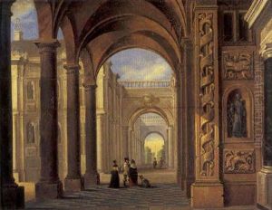 The Forecourt Of A Palace With Elegant Figures Conversing by Hieronymous (Den Danser) Janssens