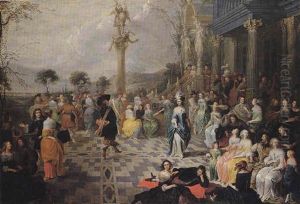 Elegant Figures Dancing On The Terrace Of A Country Villa by Hieronymous (Den Danser) Janssens