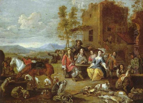 An Elegant Hunting Party Taking Refreshment Outside A County Inn - view 1