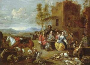 An Elegant Hunting Party Taking Refreshment Outside A County Inn by Hieronymous (Den Danser) Janssens