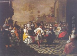 Couple De Danseurs Devant Un Banquet Dans Un Palais Baroque by Hieronymous (Den Danser) Janssens