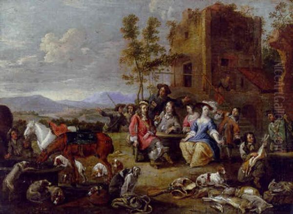 A Hunting Party At An Inn, A Mountainous Landscape Beyond - view 1