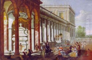 Ein Renaissancepalast Mit Eleganten Lustwandelnden Damen Und Herren Ein Renaissancepalast Mit Eleganten Lustwandelnden Damen Und Herren