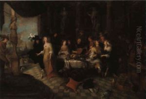 Elegant Company Feasting, Making Music And Dancing by Hieronymous (Den Danser) Janssens