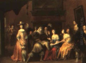 Elegant Company In An Interior, Playing A La Main Chaud by Hieronymous (Den Danser) Janssens
