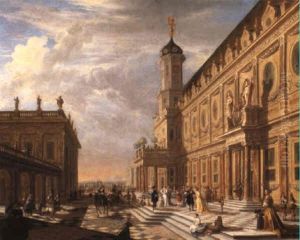 The Forecourt Of A Palace With Numerous Figures by Hieronymous (Den Danser) Janssens