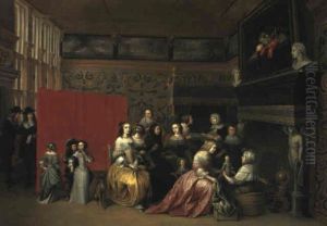 Ladies Celebrating The Birth Of A Child In An Elegant Boudoir by Hieronymous (Den Danser) Janssens