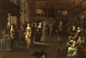 Numerous Elegant Gentlemen Dancing With Their Ladies Within A Ballroom by Hieronymous (Den Danser) Janssens