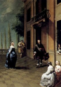 Elegant Figures With A Lady And A Gentleman Dancing On A Terrace by Hieronymous (Den Danser) Janssens
