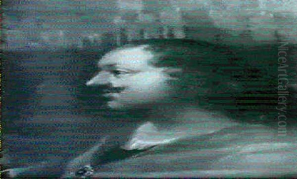 A Man Bust Length In Profile To The Left, In A Pink Wrap, A Town Beyond - view 1
